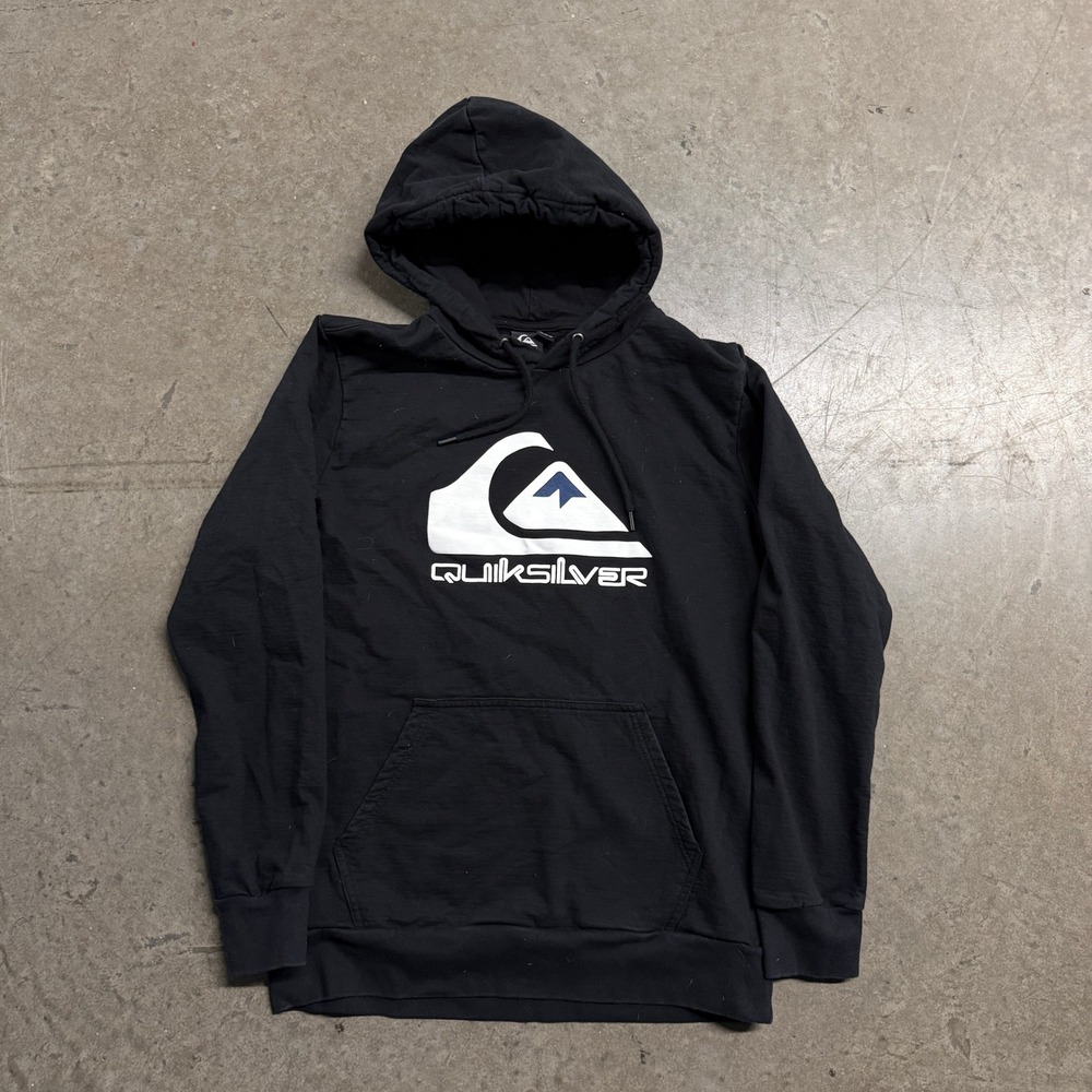 Quiksilver Mens Hoodie Black Big Logo Pullover Sweatshirt Size Medium